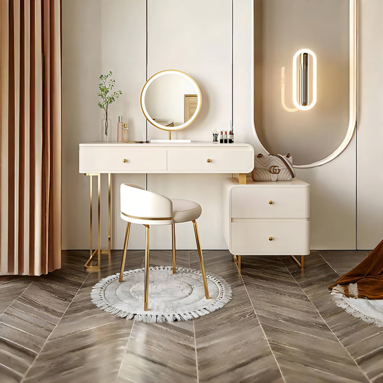 Everly Quinn Modern Minimalist Solid Wood Lacquered Makeup Vanity Set